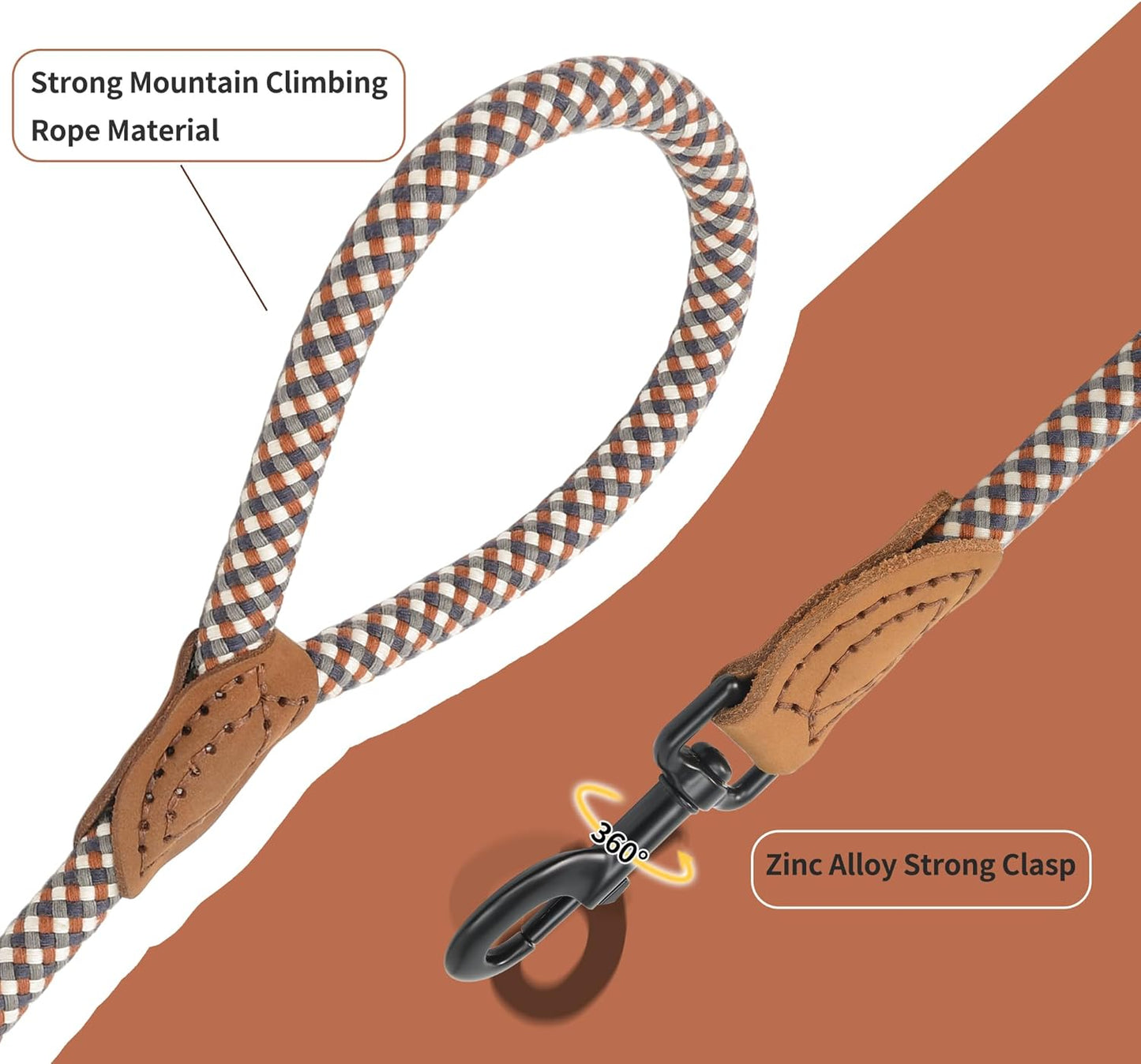 Durable Braided Dog Leash with Leather Handle – Anti-Tangle Climbing Rope Style Lead for Medium and Large Dogs – Classic Plaid Design