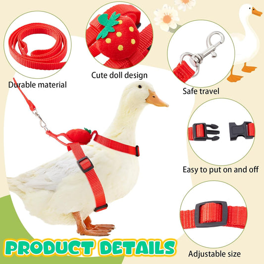 Cute Strawberry Duck Leash and Harness Set – Adjustable Vest Harness for Pet Ducks, Geese & Small Poultry – Outdoor Walking Strap with Adorable Design