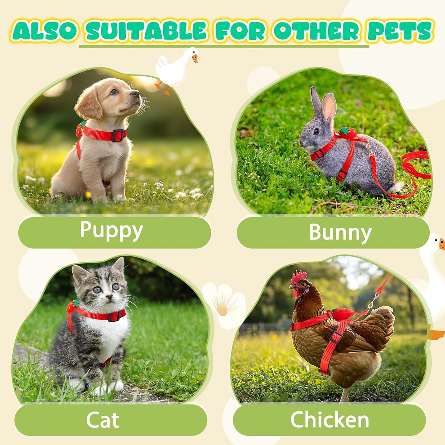 Cute Strawberry Duck Leash and Harness Set – Adjustable Vest Harness for Pet Ducks, Geese & Small Poultry – Outdoor Walking Strap with Adorable Design
