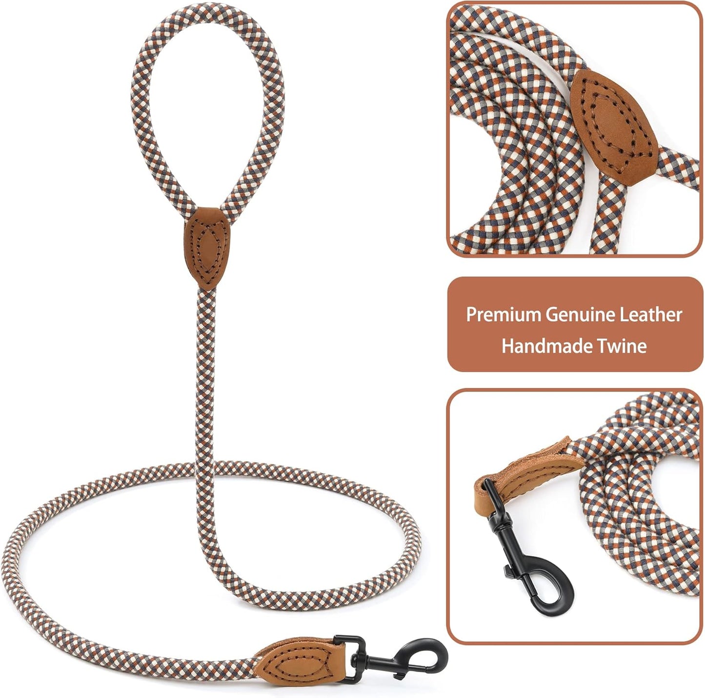 Durable Braided Dog Leash with Leather Handle – Anti-Tangle Climbing Rope Style Lead for Medium and Large Dogs – Classic Plaid Design