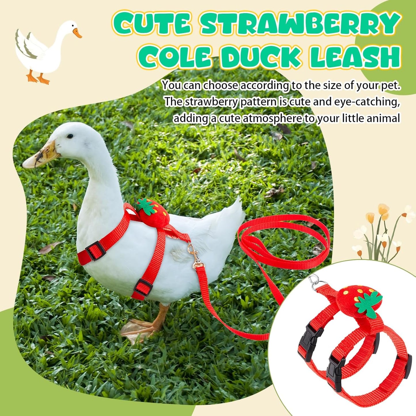 Cute Strawberry Duck Leash and Harness Set – Adjustable Vest Harness for Pet Ducks, Geese & Small Poultry – Outdoor Walking Strap with Adorable Design