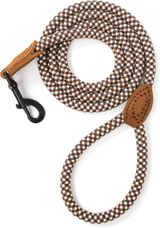 Durable Braided Dog Leash with Leather Handle – Anti-Tangle Climbing Rope Style Lead for Medium and Large Dogs – Classic Plaid Design